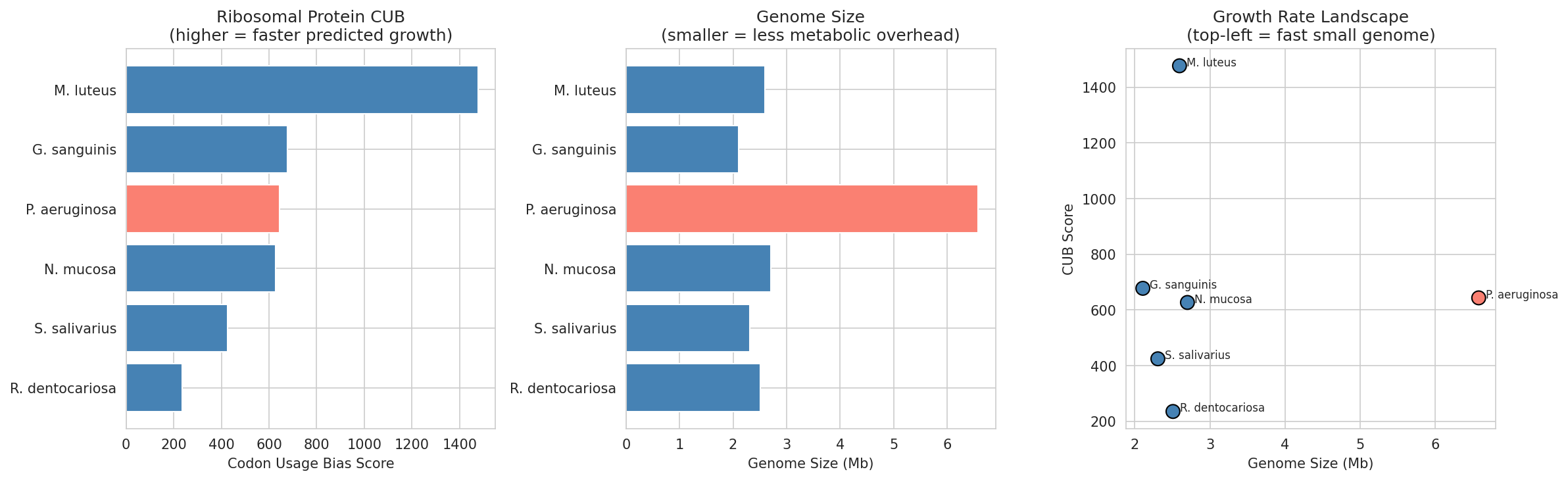 Growth rate prediction: CUB scores and genome size for PA vs commensals