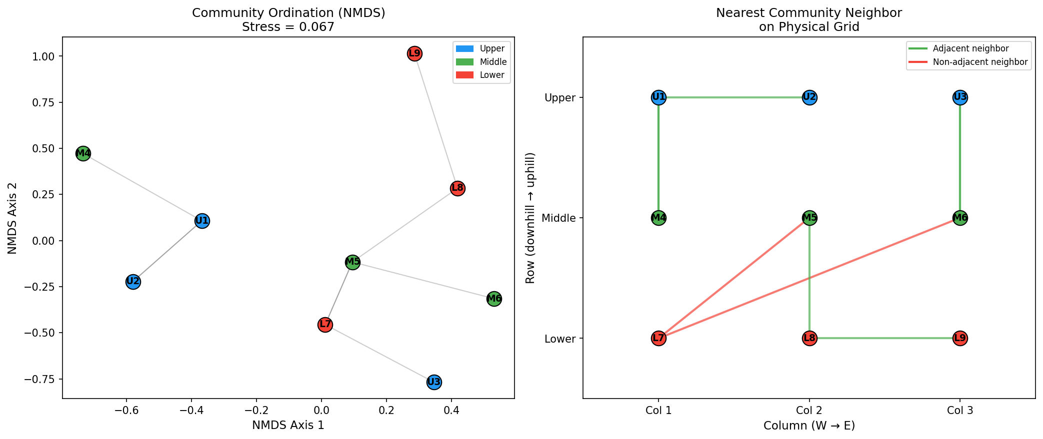NMDS ordination vs physical grid showing nearest community neighbor