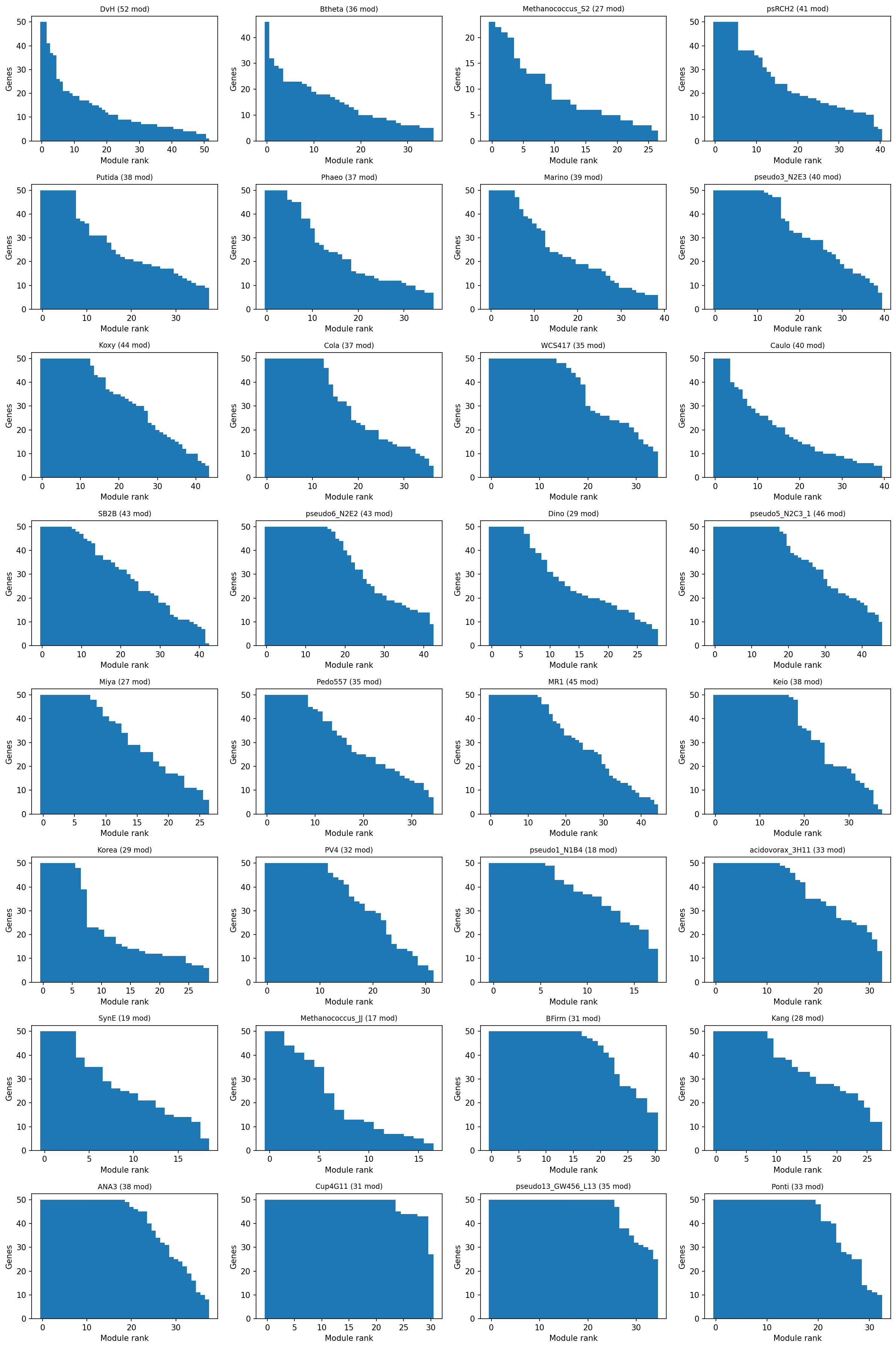 Distribution of module sizes across all 32 organisms